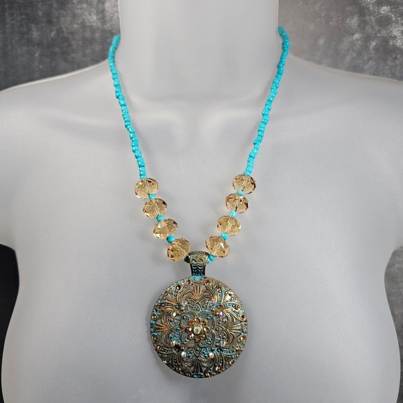 Bronze Statement Necklace Medallion Turquoise Champagne AB Bead Rhinestone - Picture 3 of 11